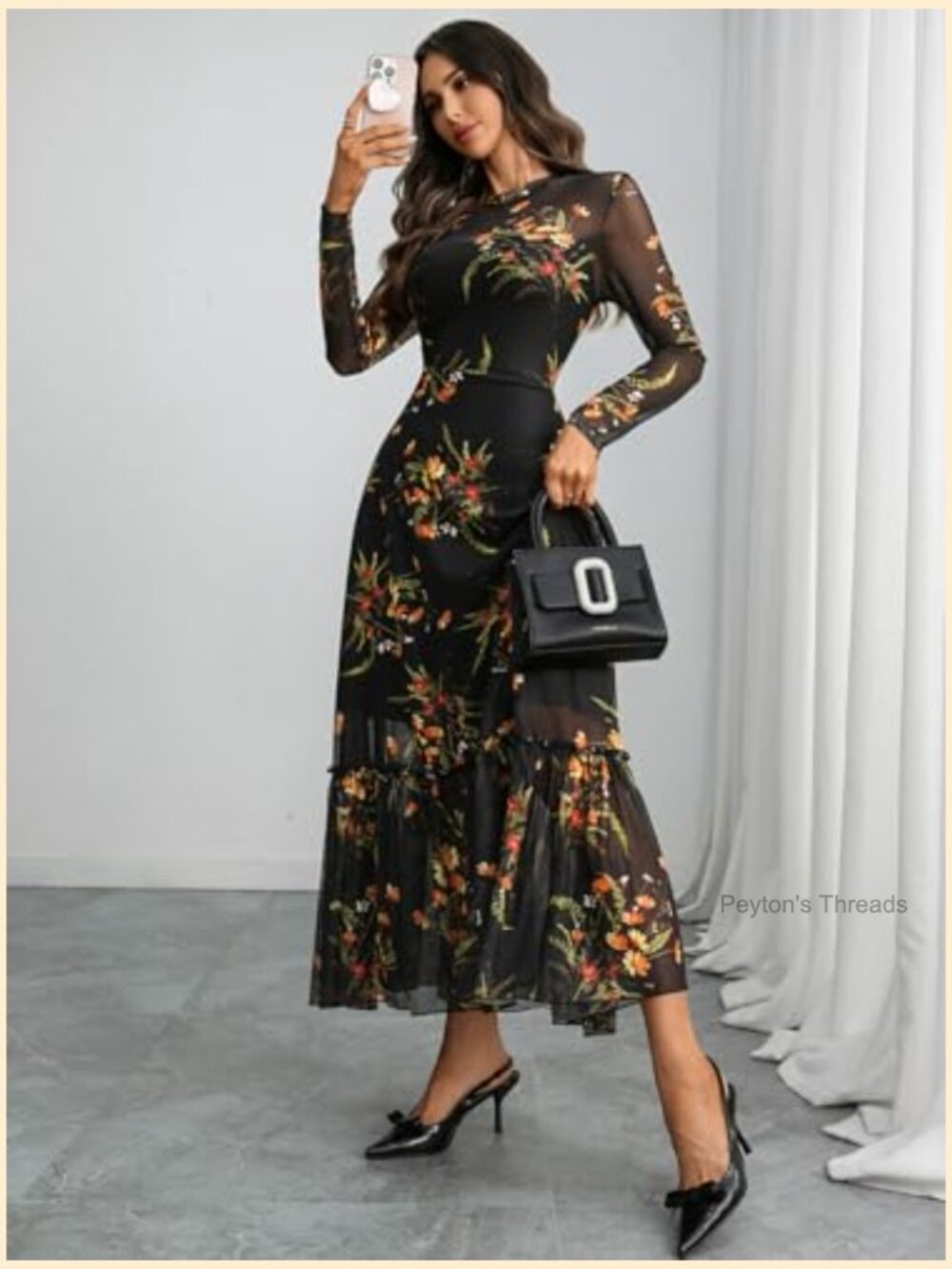 Floral Mesh Maxi Dress Long Sleeve A Line Ruffle Hem Wedding Guest - Picture 5 of 7